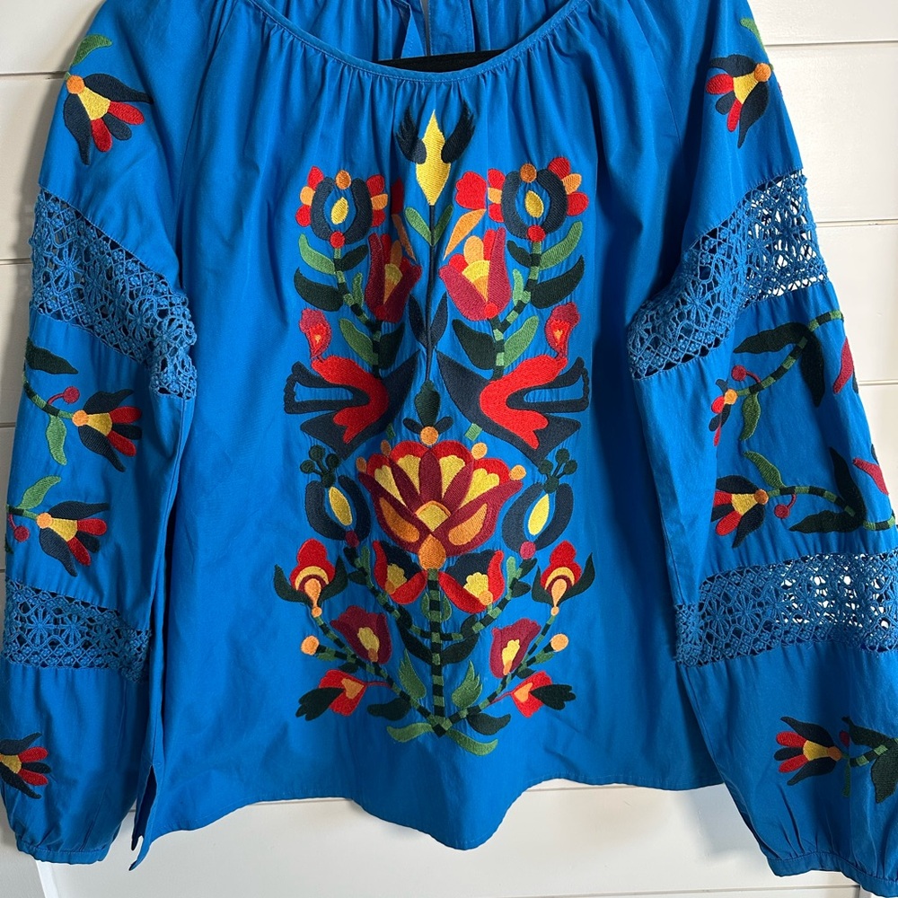 Frances Valentine Bright Blue Embroidered Peasant Blouse
